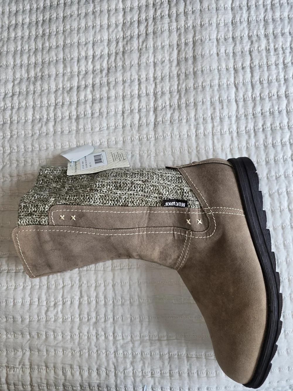 Muk Luks Taupe Suede Mid-Calf Boots with Knit Cuff